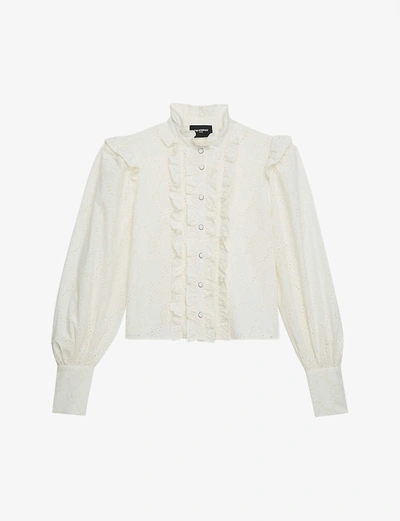 Shop The Kooples Frill-neck Cotton Shirt In Ecr01