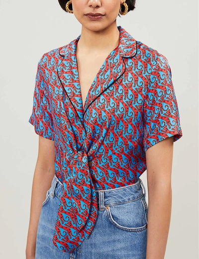 Shop Sandro Graphic-print Silk-satin Shirt