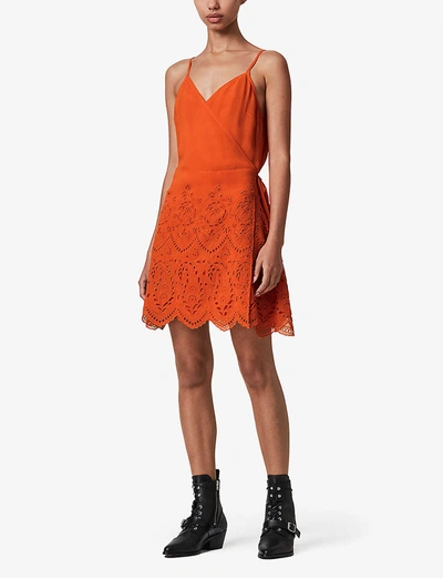 Shop Allsaints Zariah Broderie Lace-trimmed Crepe Wrap Dress In Hot Tango Oran