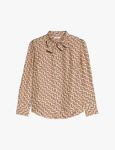 Shop Sandro Rochan Graphic-print Silk Shirt In Beige Bordeaux