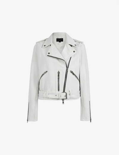 Shop Allsaints Balfern Denim Biker Jacket In Stone+white