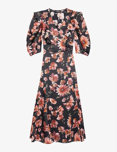 Shop The Kooples Floral Satin Wrap Midi Dress