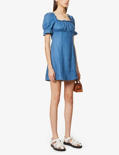 Shop Reformation Robles Puff-sleeve Linen Mini Dress In Azul