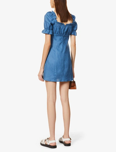 Shop Reformation Robles Puff-sleeve Linen Mini Dress In Azul