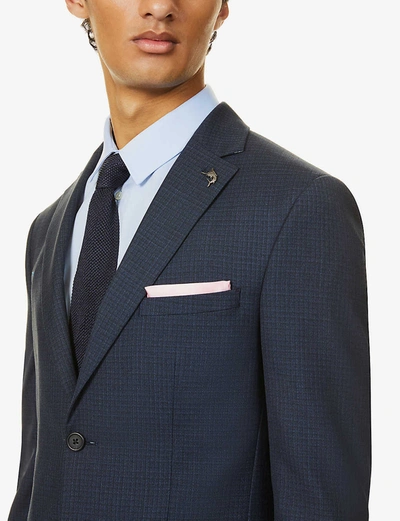 Shop Ted Baker Mens Navy Checked Single-breasted Wool-blend Blazer 40r