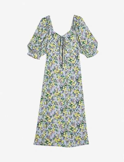 Shop Topshop Floral-print Cut-out Crepe Midi Dress In Blue