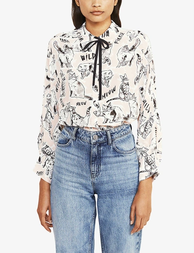 Shop Claudie Pierlot Cat Print Crepe Pussy-bow Shirt