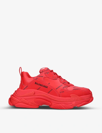 Shop Balenciaga Mens Red/dark Triple S Logo-print Faux-leather Trainers 9