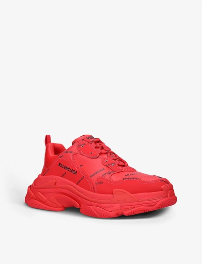 Shop Balenciaga Mens Red/dark Triple S Logo-print Faux-leather Trainers 9