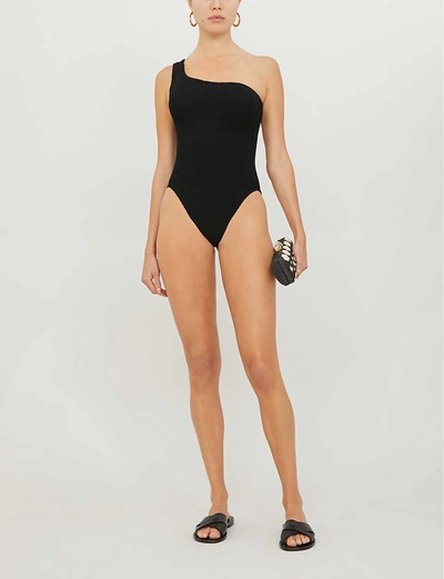 Shop Hunza G Nancy One-shoulder Swimsuit In Metallic+copper+leopard