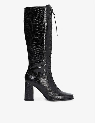 Shop The Kooples Lace-up Croc-effect Leather Boots In Bla01