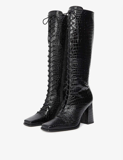 Shop The Kooples Lace-up Croc-effect Leather Boots In Bla01