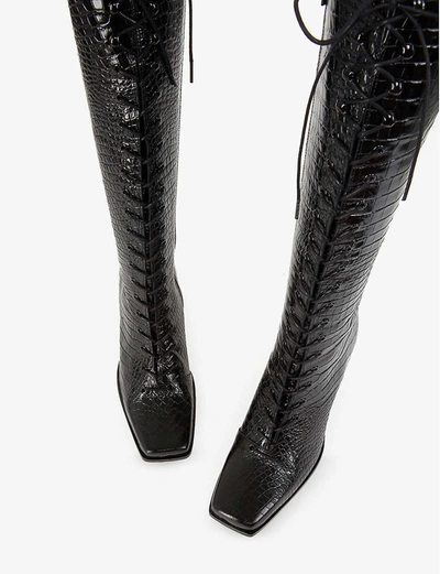 Shop The Kooples Lace-up Croc-effect Leather Boots In Bla01