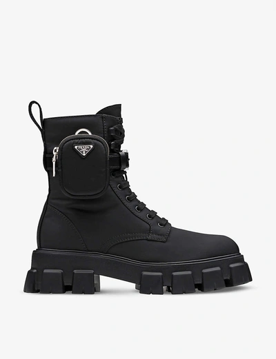 Shop Prada Monolith Recycled-nylon Combat Boots In Black