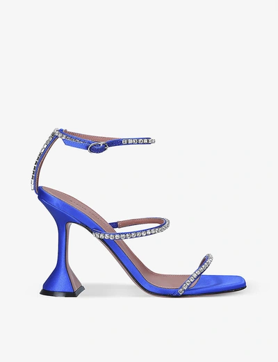 Shop Amina Muaddi Gilda Crystal-embellished Satin Heeled Sandals In Blue