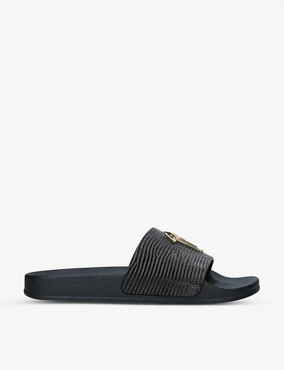 Shop Giuseppe Zanotti Logo-embellished Croc-embossed Patent-leather Sliders In Black