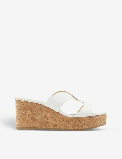 Shop Jimmy Choo Atia 75 Leather Wedge Sandals In Latte