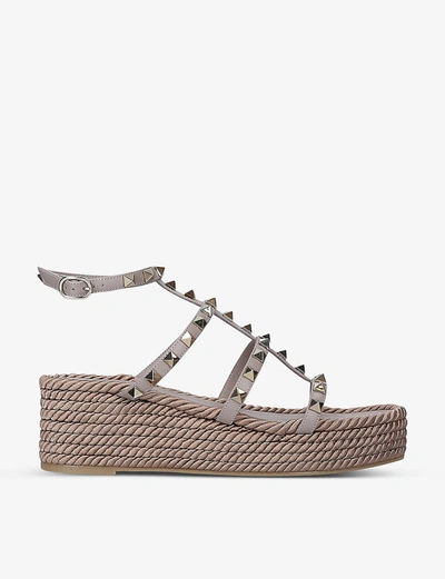 Shop Valentino Rockstud Leather Flatform Sandals In Blush