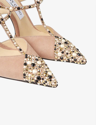 Shop Jimmy Choo Saoni 100 Suede Crystal And Pearl Embellished Pumps In Ballet+pink/crystal