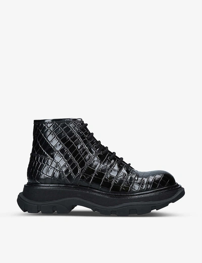 Shop Alexander Mcqueen Tread Lace-up Croc-embossed Leather Boots In Black