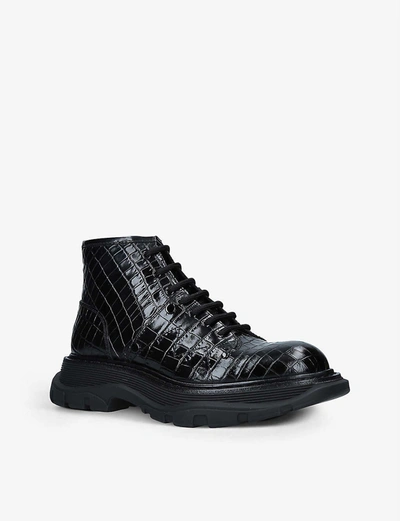 Shop Alexander Mcqueen Tread Lace-up Croc-embossed Leather Boots In Black