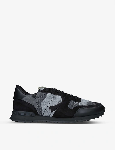 Shop Valentino Rockrunner Camouflage-print Leather Trainers In Blk/grey