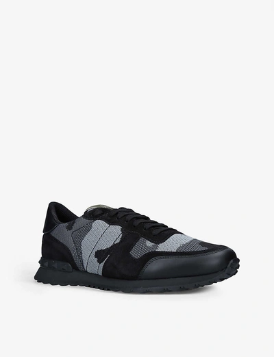 Shop Valentino Rockrunner Camouflage-print Leather Trainers In Blk/grey