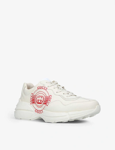 Shop Gucci Men's White/red Men's Rhython Logo-print Leather Trainers