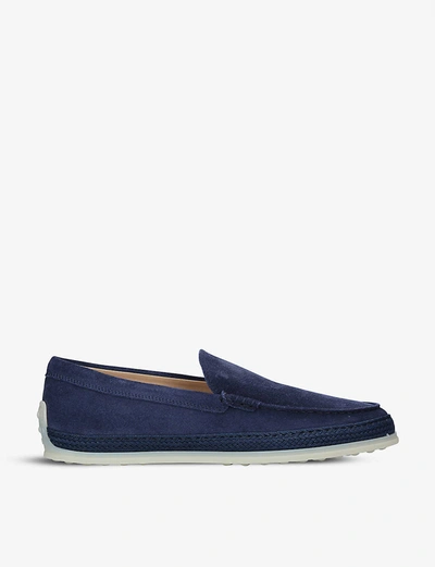 Shop Tod's Raffia-midsole Suede Loafers In Navy