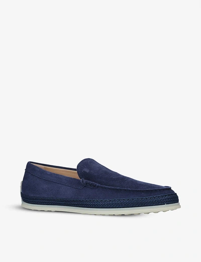 Shop Tod's Raffia-midsole Suede Loafers In Navy