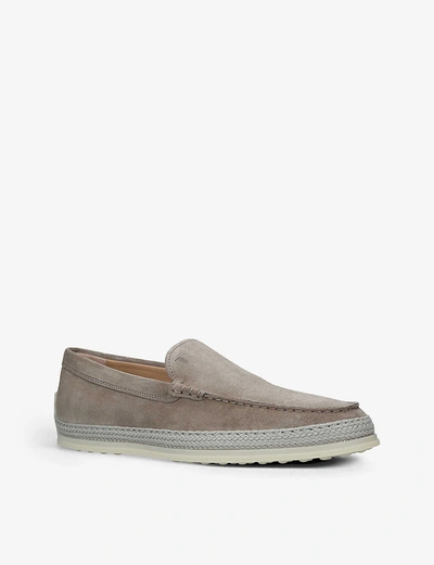 Shop Tod's Raffia-midsole Suede Loafers In Taupe