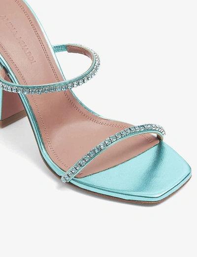 Shop Amina Muaddi Gilda Crystal-embellished Metallic-leather Heeled Sandals In Teal