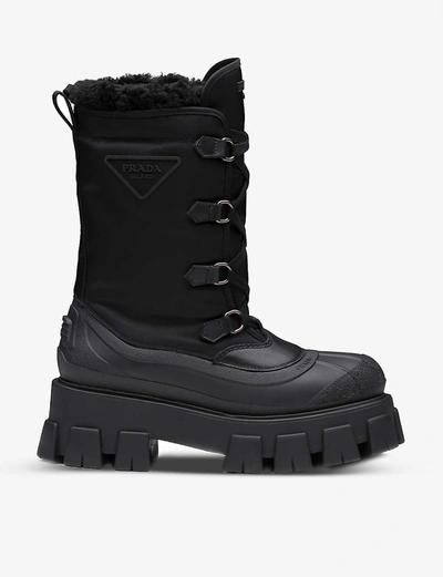 Shop Prada Monolith Leather And Recycled Shell Boots In Black
