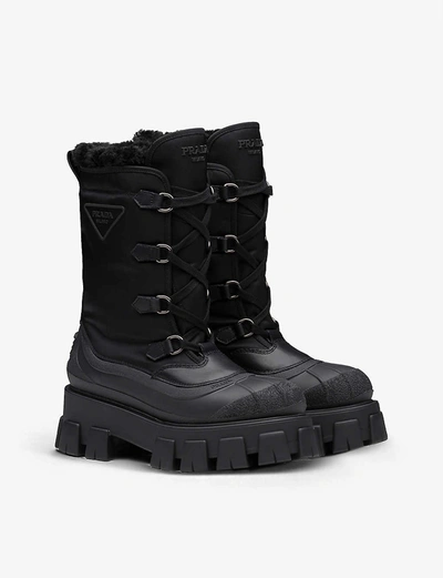 Shop Prada Monolith Leather And Recycled Shell Boots In Black