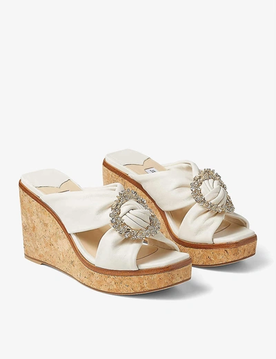 Shop Jimmy Choo Nevara 90 Crystal-buckle Leather Wedge Sandals In Latte