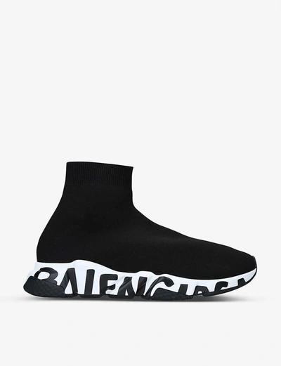 Shop Balenciaga Men's Blk/white Men's Speed Graffiti Sole Knitted Trainers