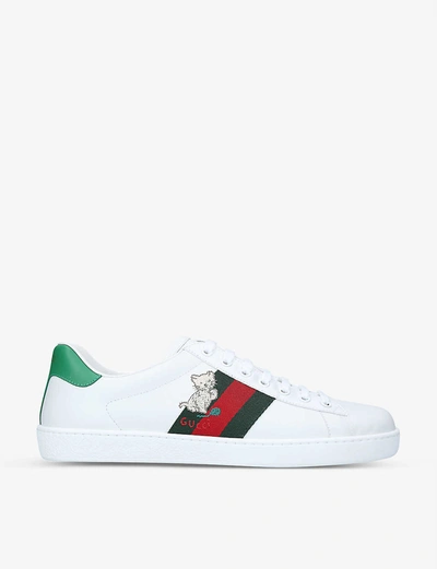 Shop Gucci Men's New Ace Animal-patch Leather Low-top Trainers In White/oth