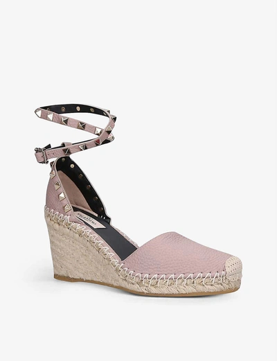 Shop Valentino Rockstud Leather Espadrille Wedges In Cream