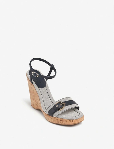 Shop Lk Bennett Sky Leather, Canvas And Cork Wedge Sandals In Blu-navy