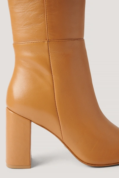 Shop Na-kd Knee High Leather Boots - Beige In Tan