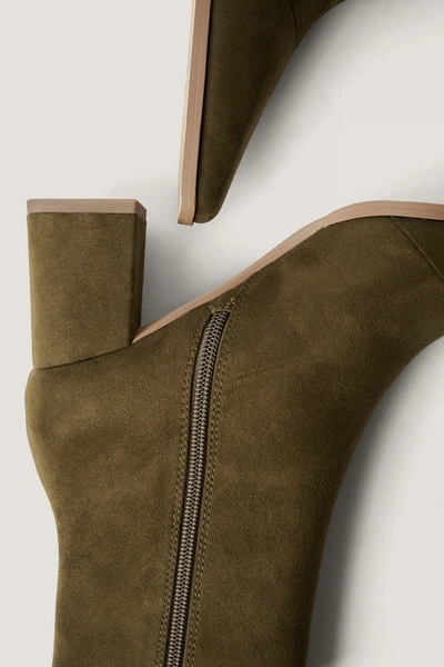 Shop Na-kd Faux Suede Slim Toe Boots - Green In Moss