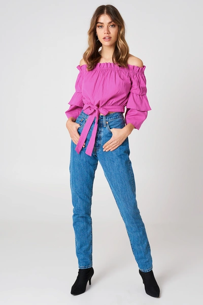 Shop Na-kd Off Shoulder Frill Sleeve Top Pink In Strong Pink