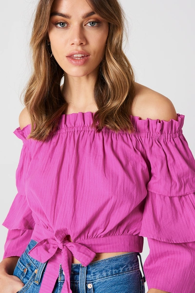 Shop Na-kd Off Shoulder Frill Sleeve Top Pink In Strong Pink