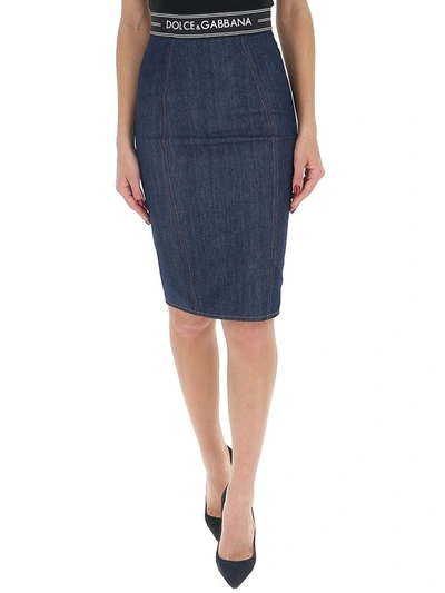 Shop Dolce & Gabbana Logo Band Pencil Skirt In Blue