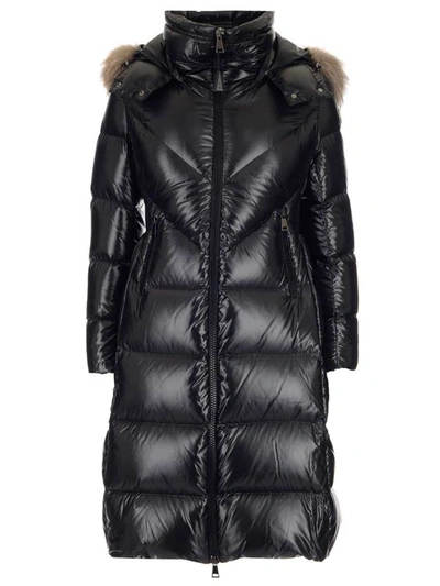 Shop Moncler Fur Trim Hooded Coat In Black