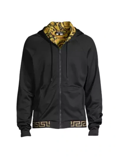 Shop Versace Technical Jersey Zip-up Hoodie In Black Gold