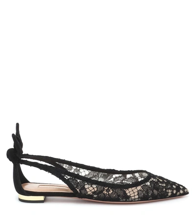 Shop Aquazzura Bow Tie Lace And Suede Ballet Flats In Black