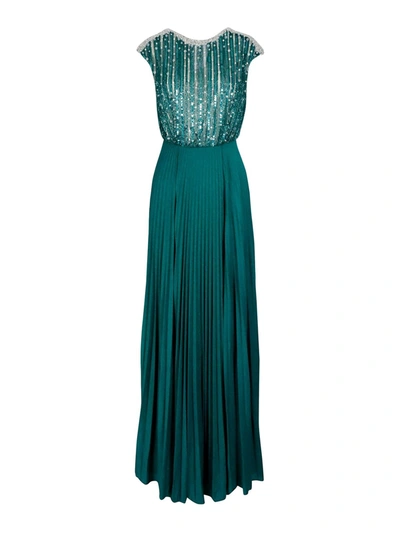 Shop Elisabetta Franchi Sequined And Beaded Pleated Dress In Green