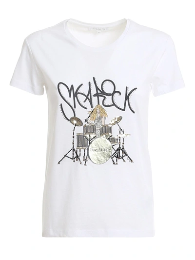 Shop Patrizia Pepe Rock Print Embellished T-shirt In White