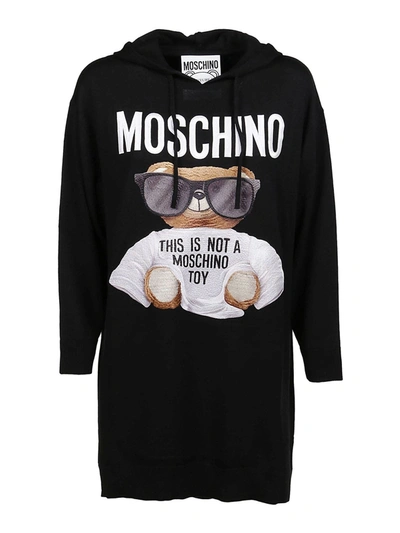 Shop Moschino Teddy Bear Wool Hooded Dress In Black